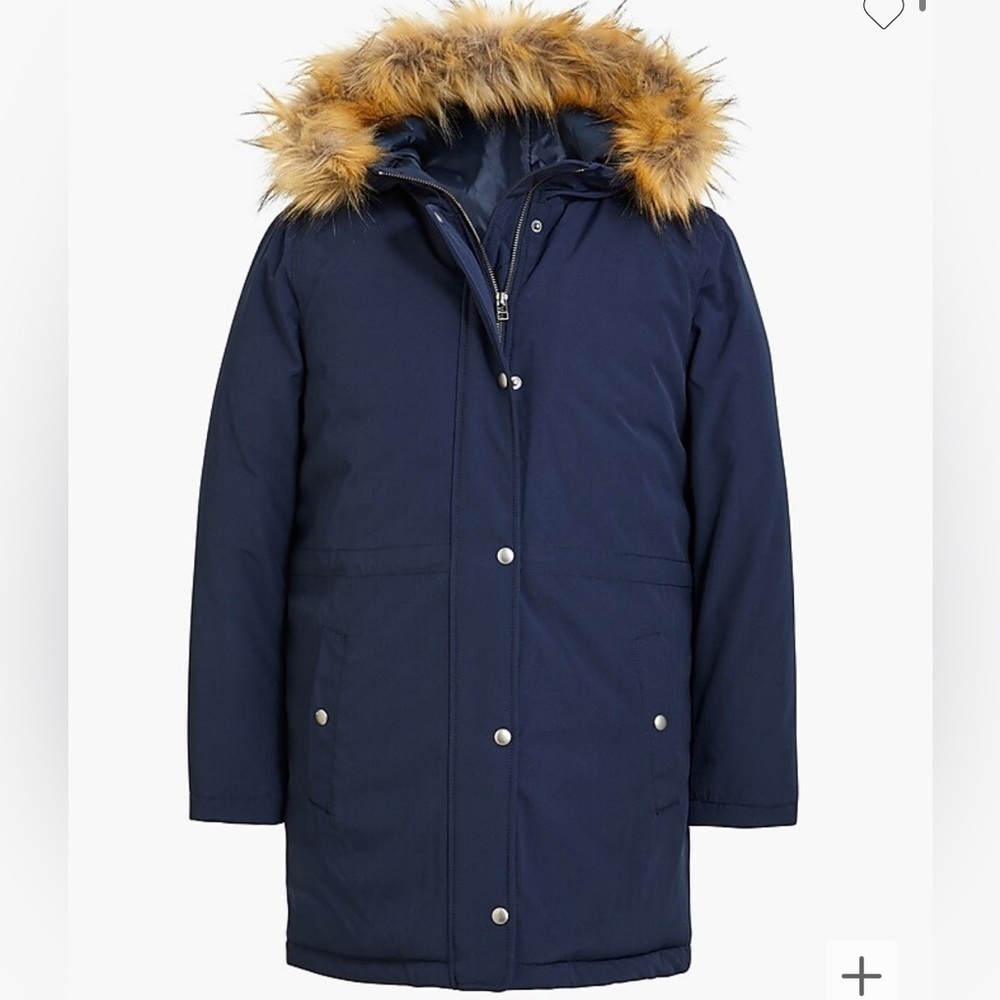 J. Crew Faux Fur Trim Winter Parka Long Navy Blue Coat Down Filled Puffer Small